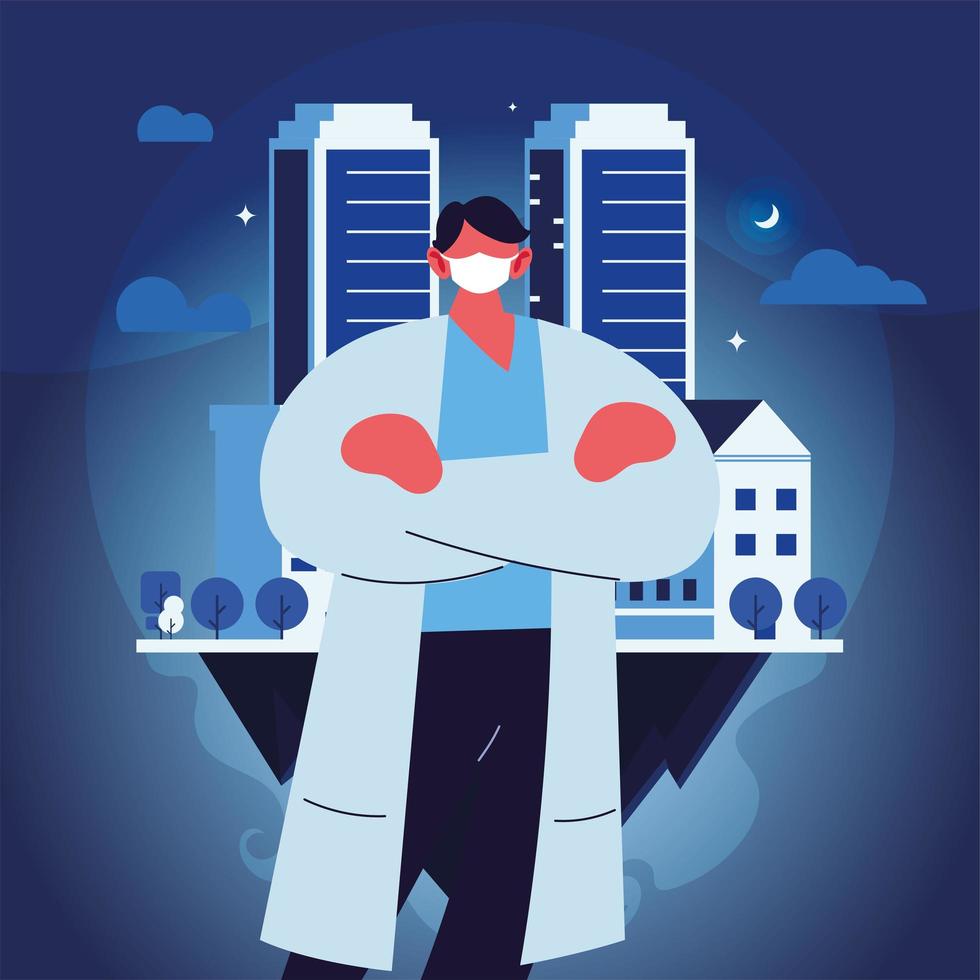 young doctor using face mask in the city vector