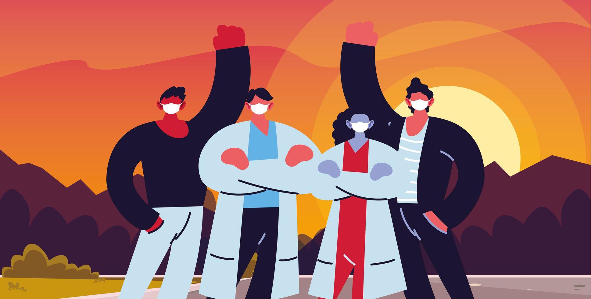 young doctors and patients with masks vector