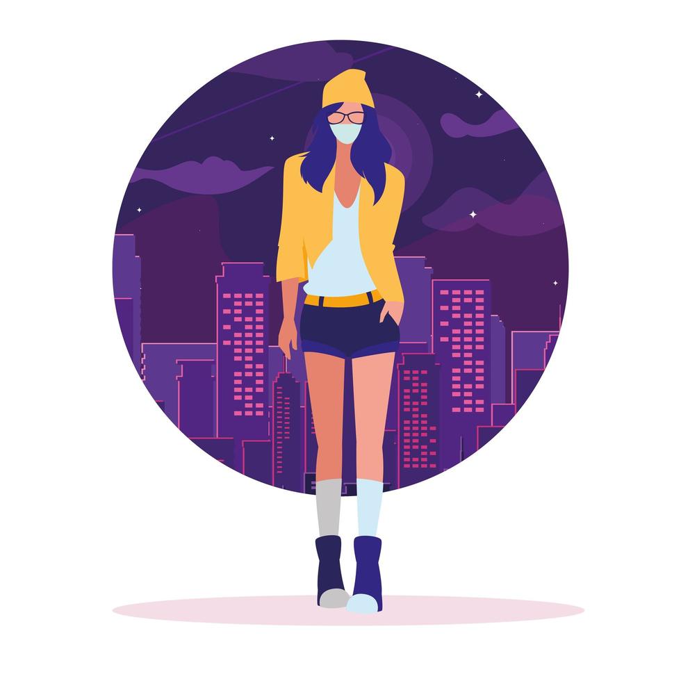 Woman in the city wearing face mask vector