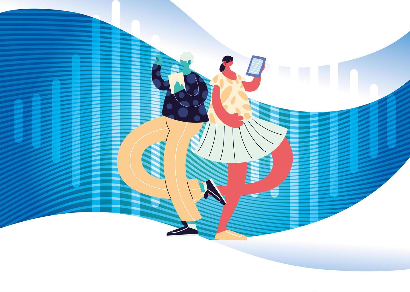 couple listening music with electronic devices vector