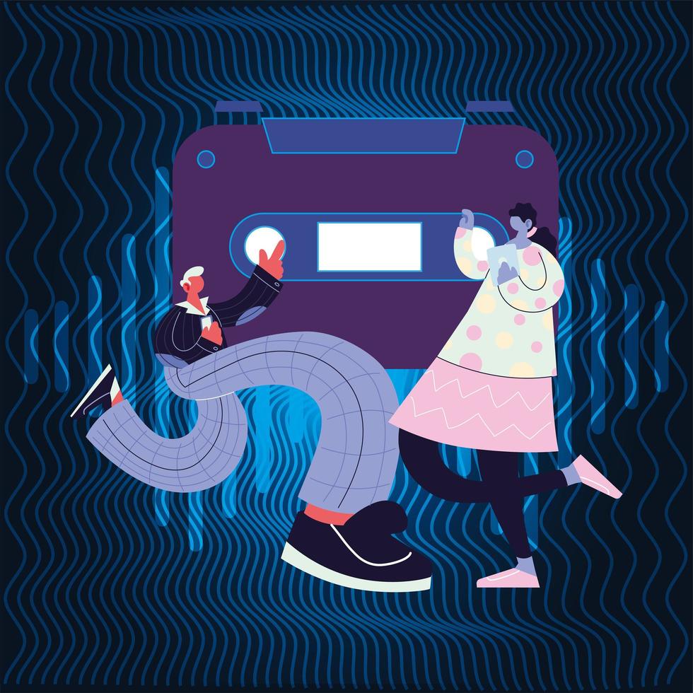 couple listening music with electronic devices vector