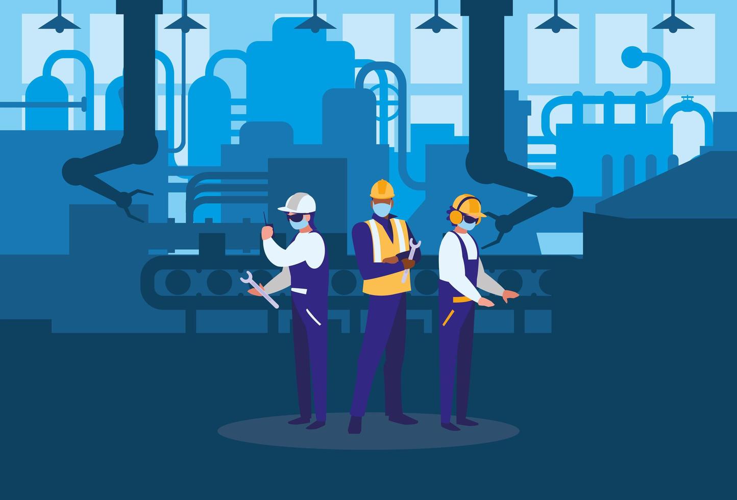 industrial workers men working with face mask vector