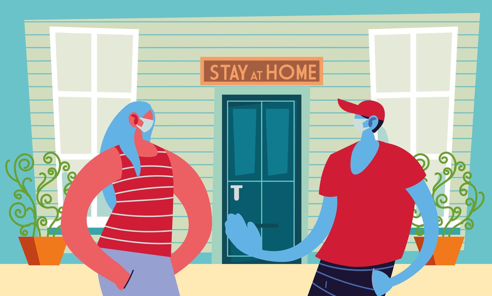 couple with masks at home vector