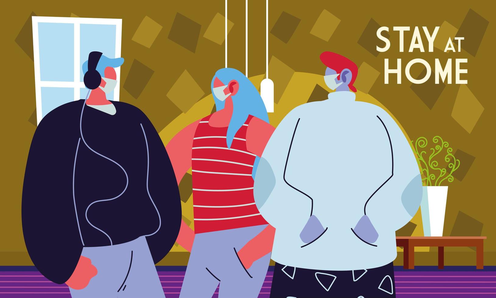 young people using face masks at home vector
