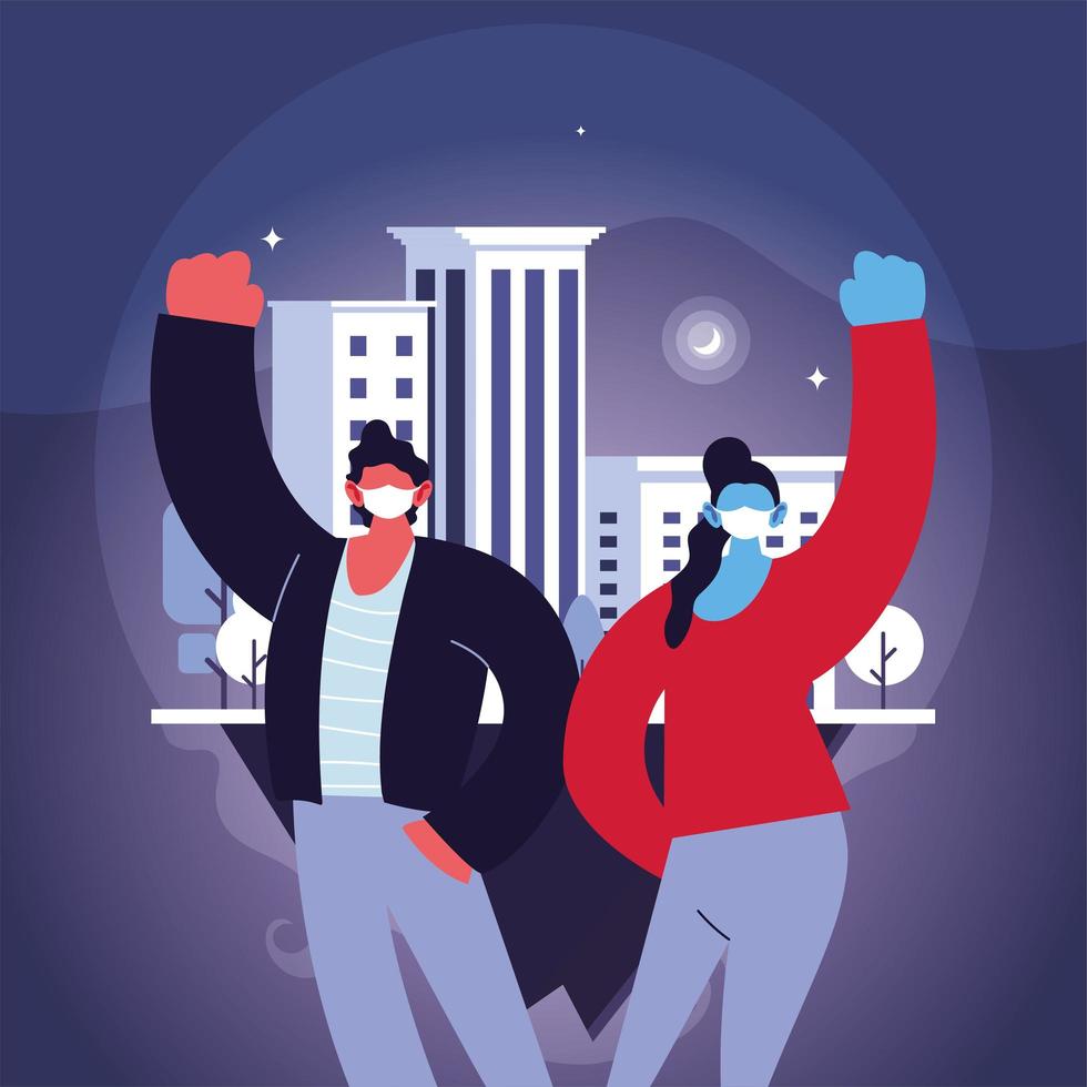 positive couple using face masks vector