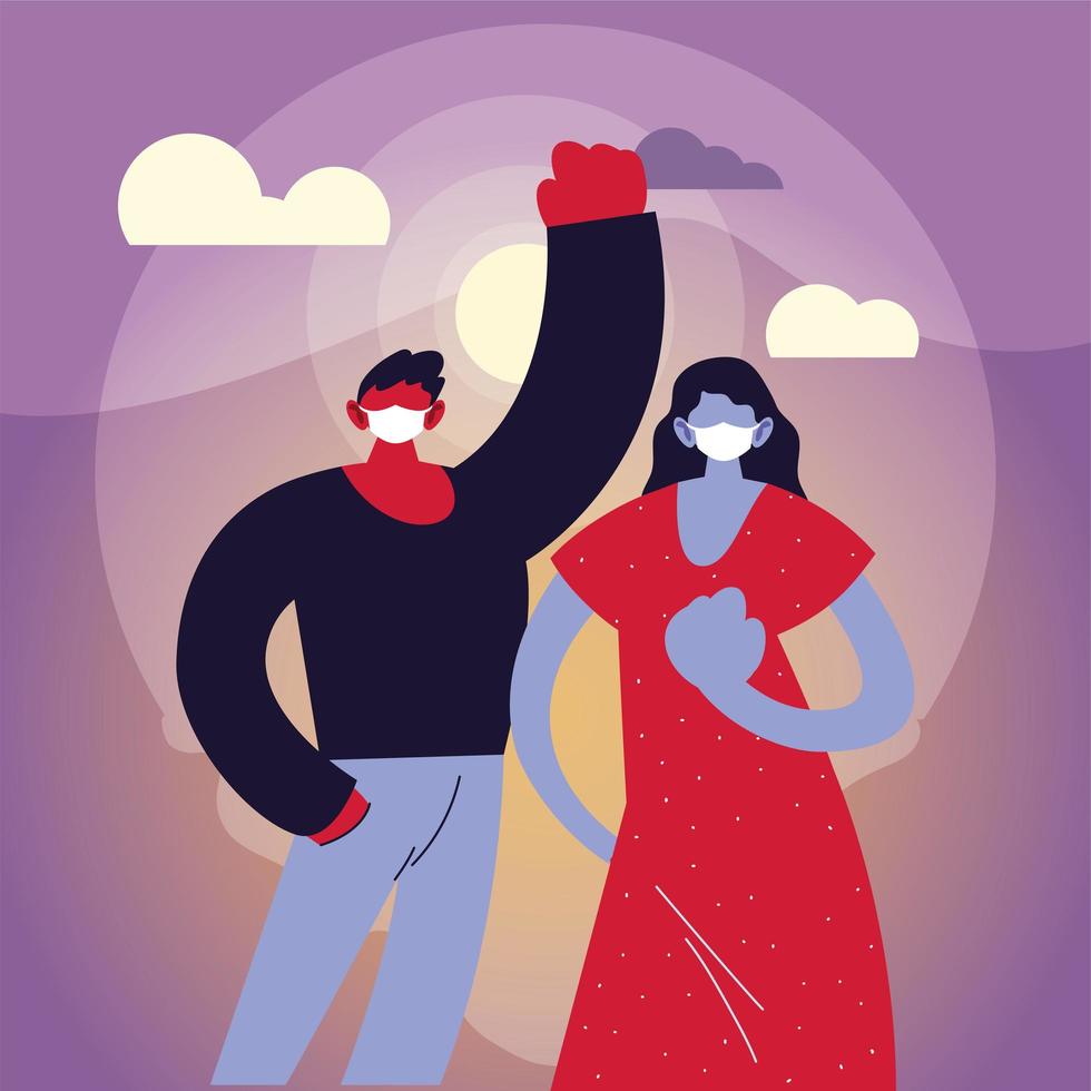 positive couple using face masks vector