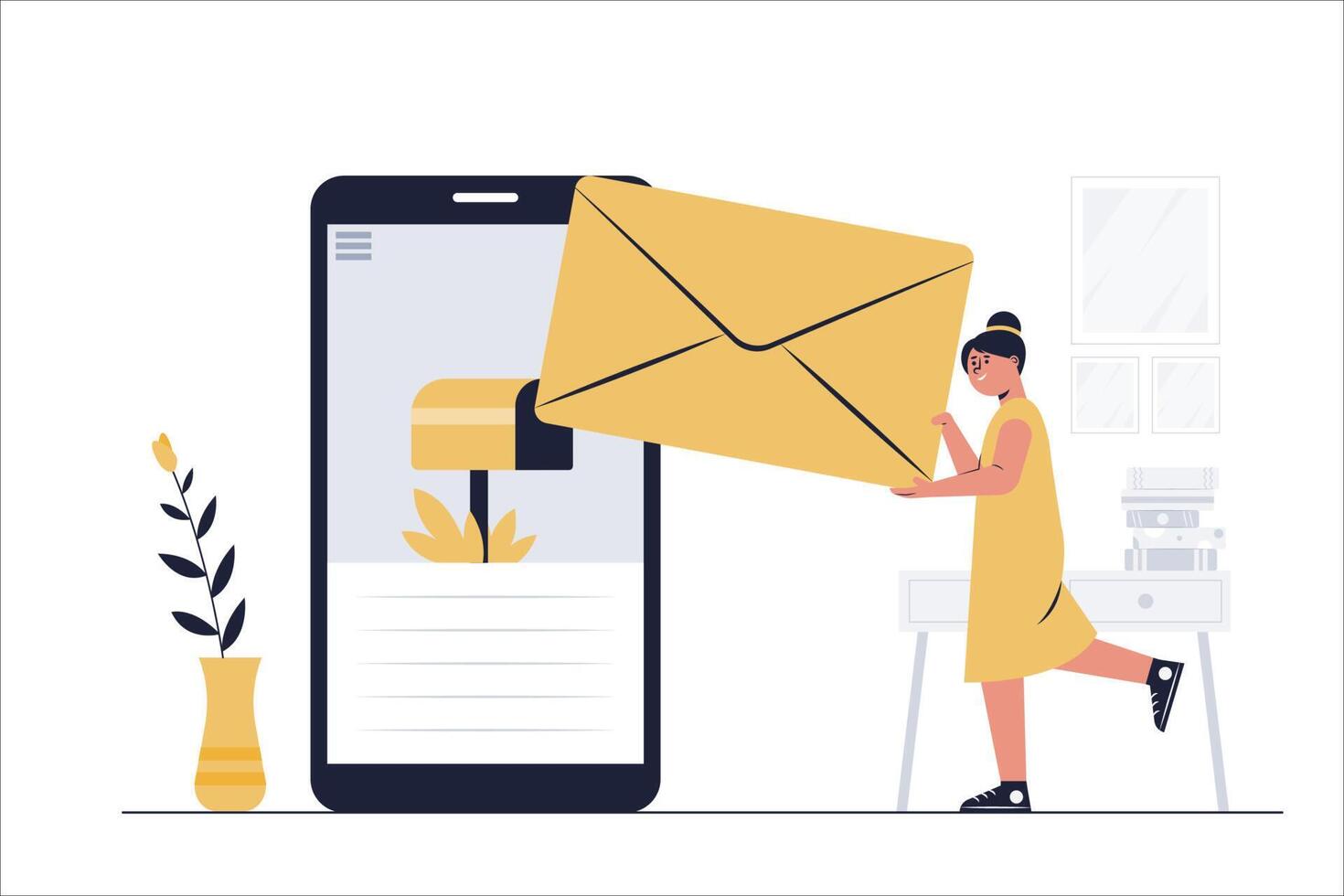The administrative staff sends emails to the company's customers online with their smartphones. vector