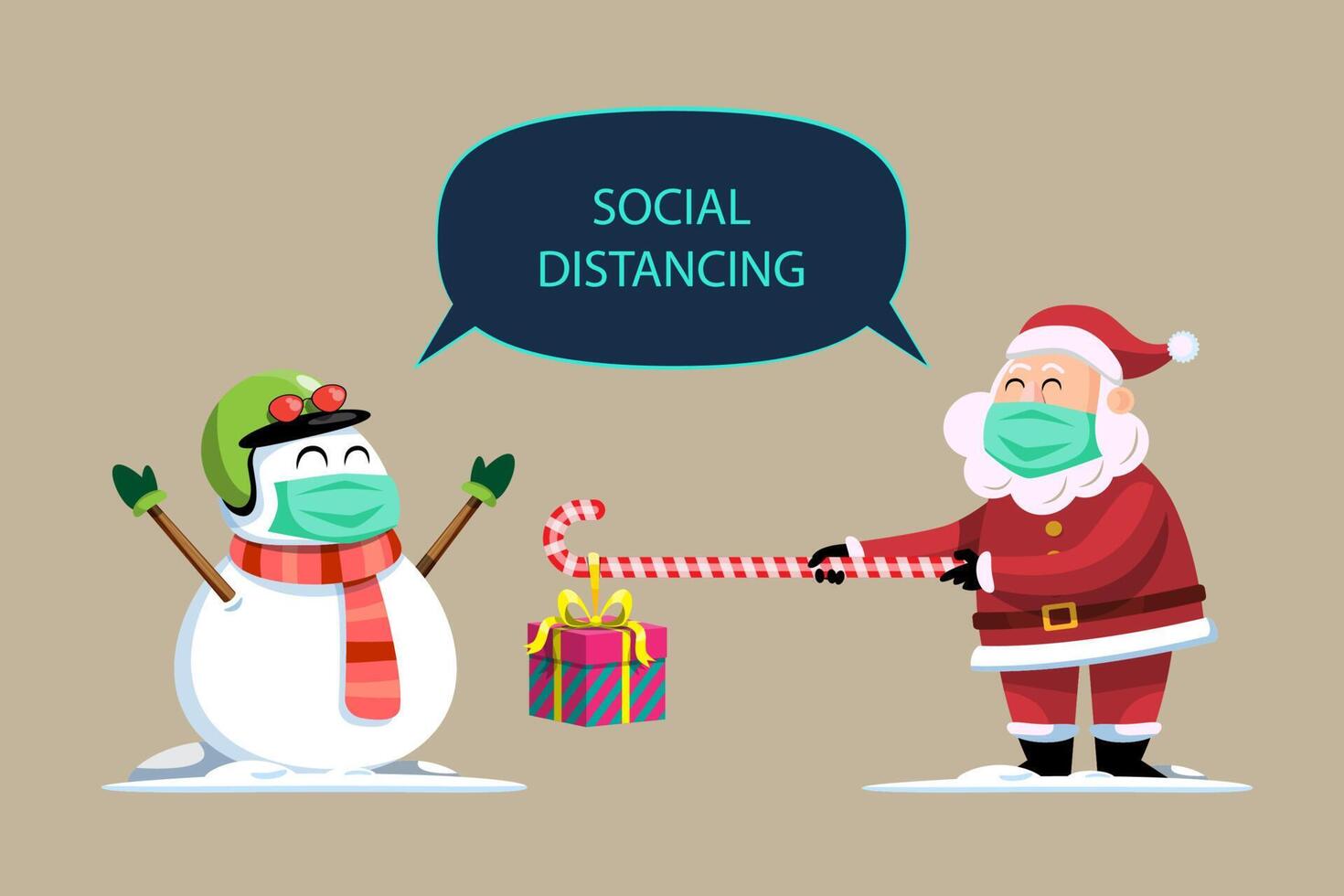 Snowman and santa character with masks social distancing vector