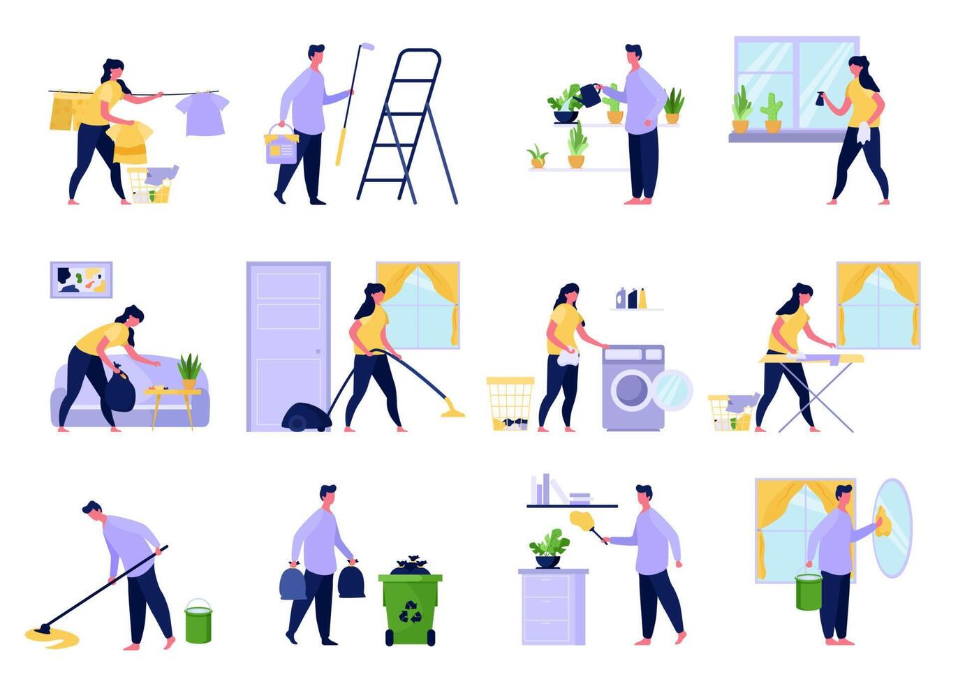 Collection of couple doing housework. Set of men, women husband, wife vector