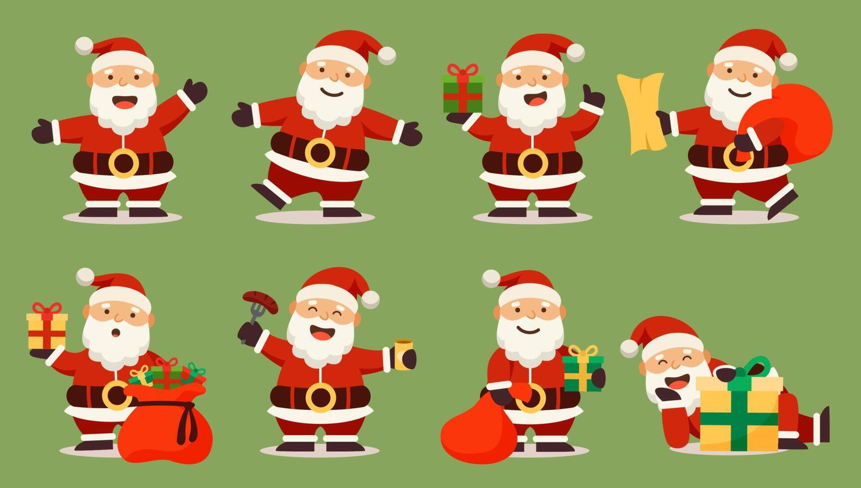Santa Claus characters in various poses and scenes. Merry Christmas cutout element vector