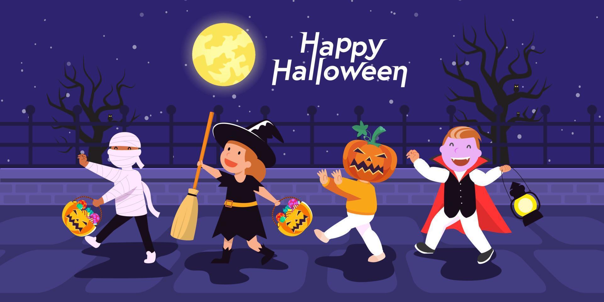 ilustración vectorial feliz halloween truco o trato los niños caminan por la casa llamando a halloween. vector