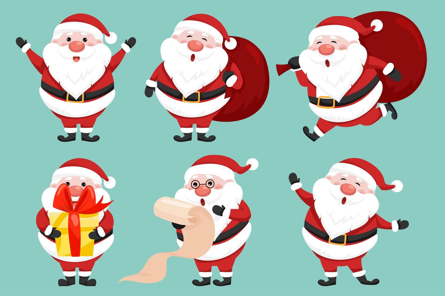 Santa Claus characters in various poses and scenes. Merry Christmas cutout element vector