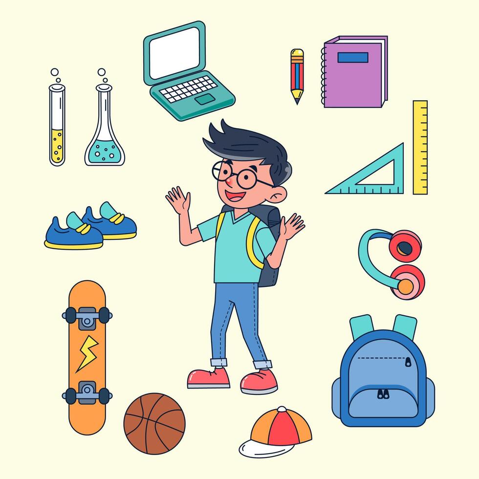 carácter del estudiante y material escolar, como libros de texto, libros, borradores, lápices, tubos de ensayo, zapatos, patinetas, baloncesto, sombrero, gorra, mochila, regla, auriculares, vector