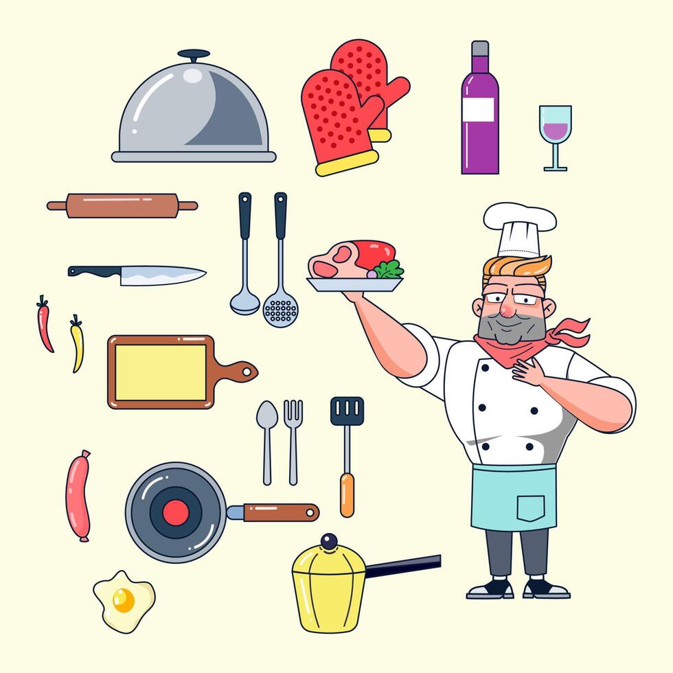 Master chef cook with his kitchen tools such as Conveyor, gloves, sauce bottles, glasses, rolling pin, knife, spatula, ladle, chopping board, pan, pot, spoon, chili fork, sausage vector