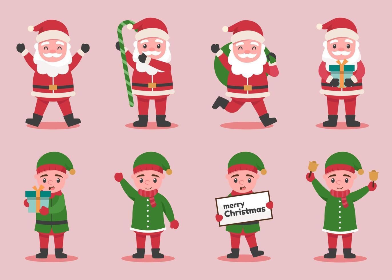 Santa Claus and elf characters in various poses and scenes. vector