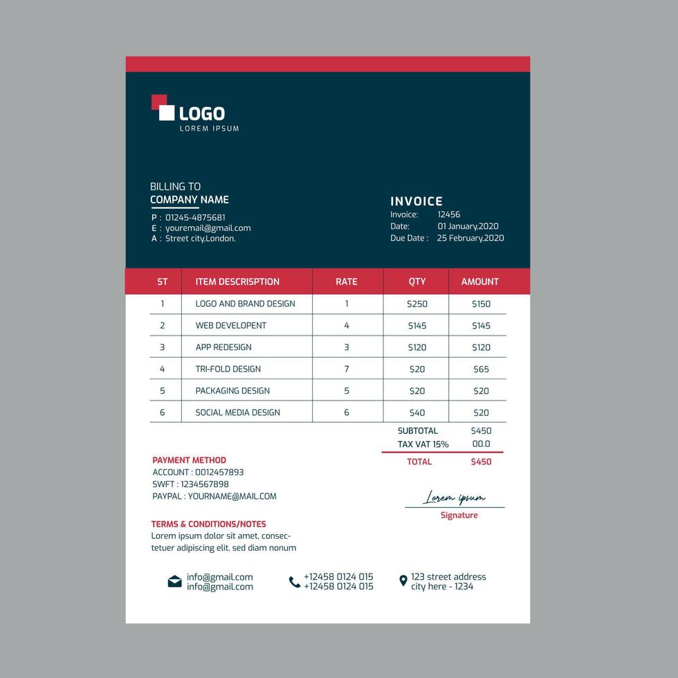 Company Invoice design template , Flat invoice design , Bill design free vector