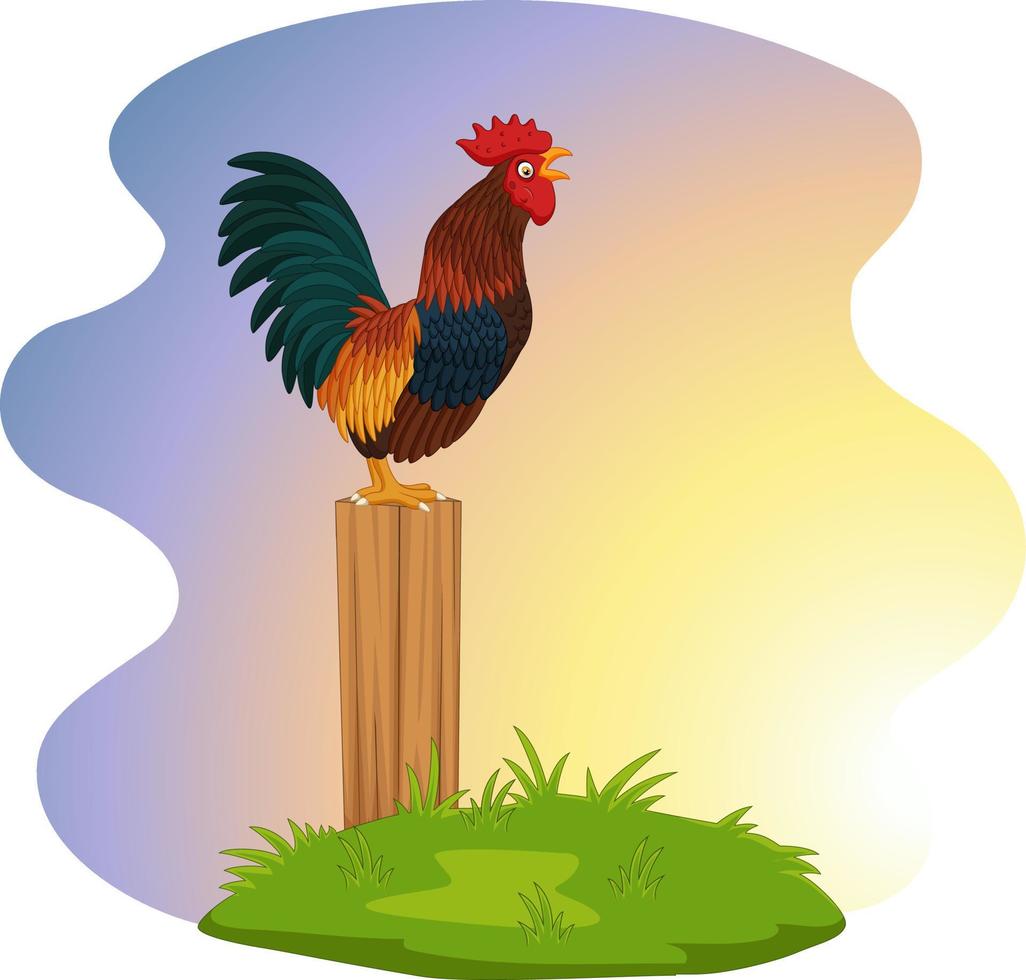 Cute rooster crowing on the fence vector