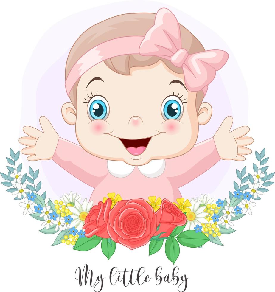 dibujos animados lindo bebé niña con fondo de flores vector