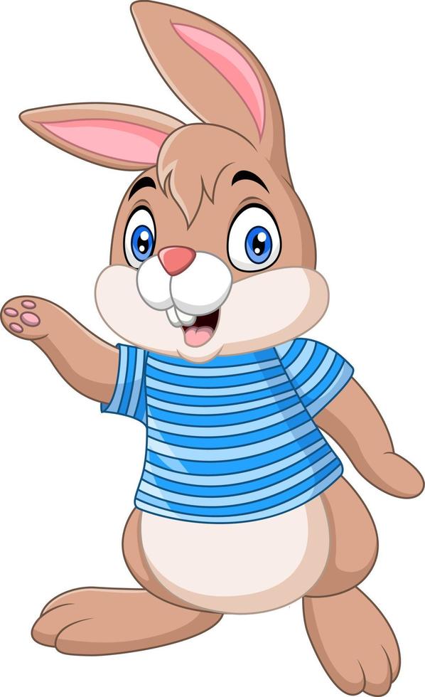 Cartoon bunny wearing blue clothes waving vector