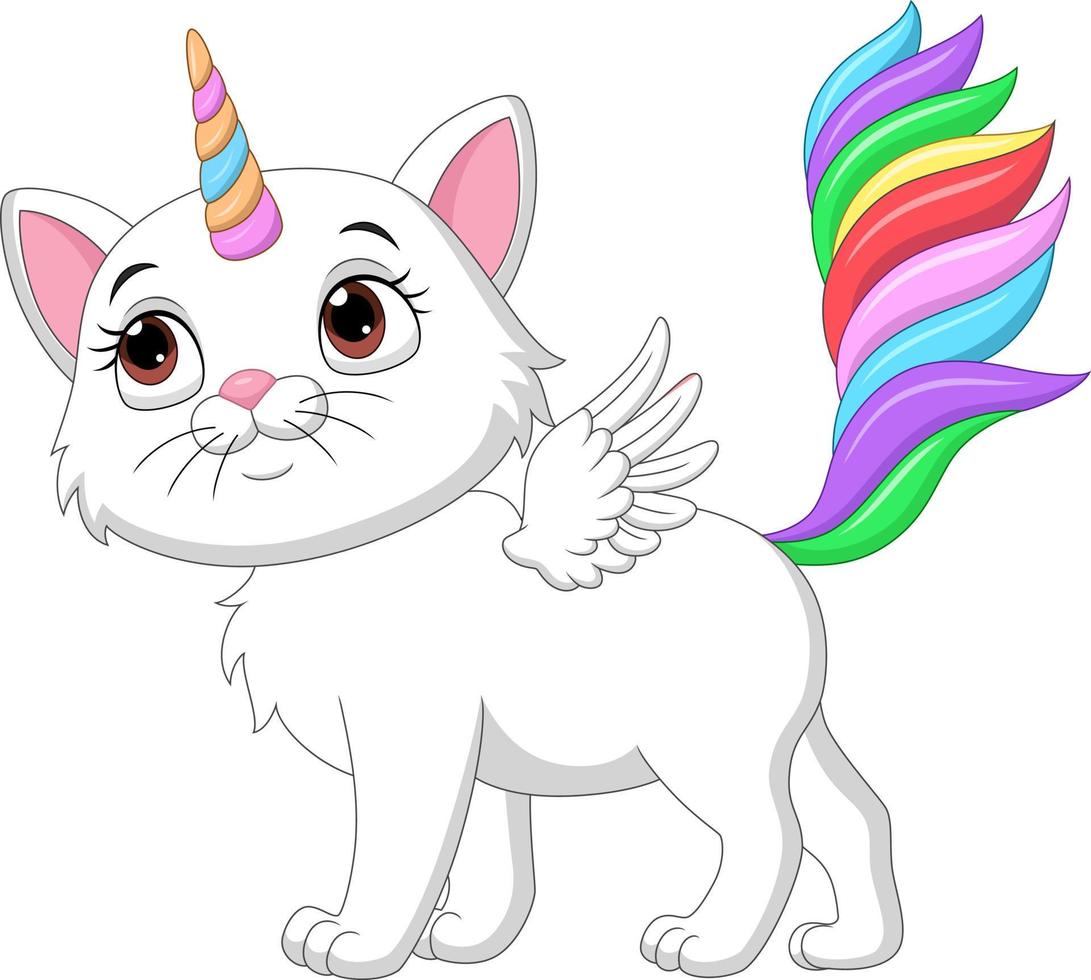 gato lindo unicornio de dibujos animados con alas sobre fondo blanco vector