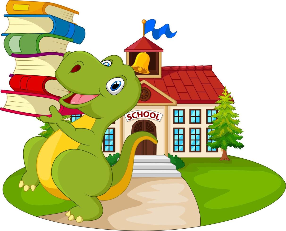 dinosaurio de dibujos animados que lleva una pila de libros en el edificio de la escuela delantera vector