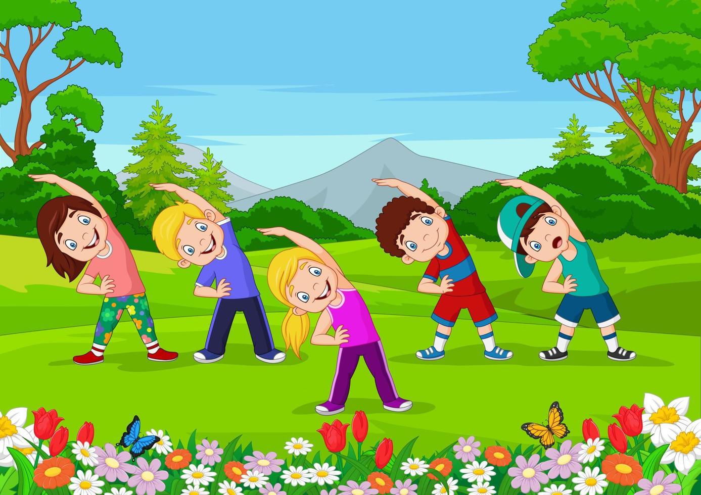 Cartoon little kids exercising in the park vector