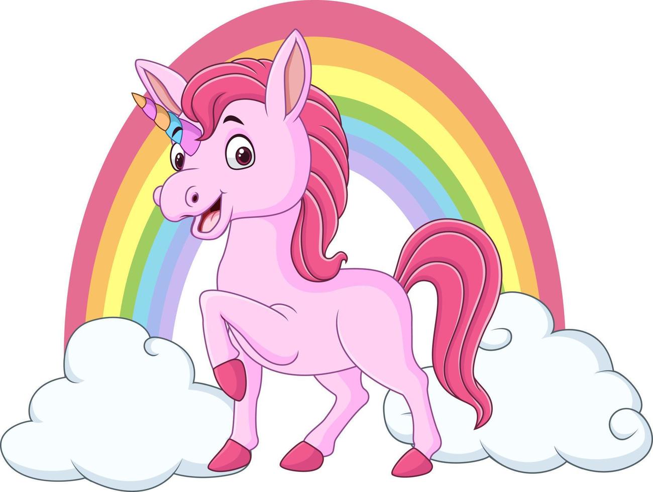 lindo bebé unicornio con nubes y arco iris vector