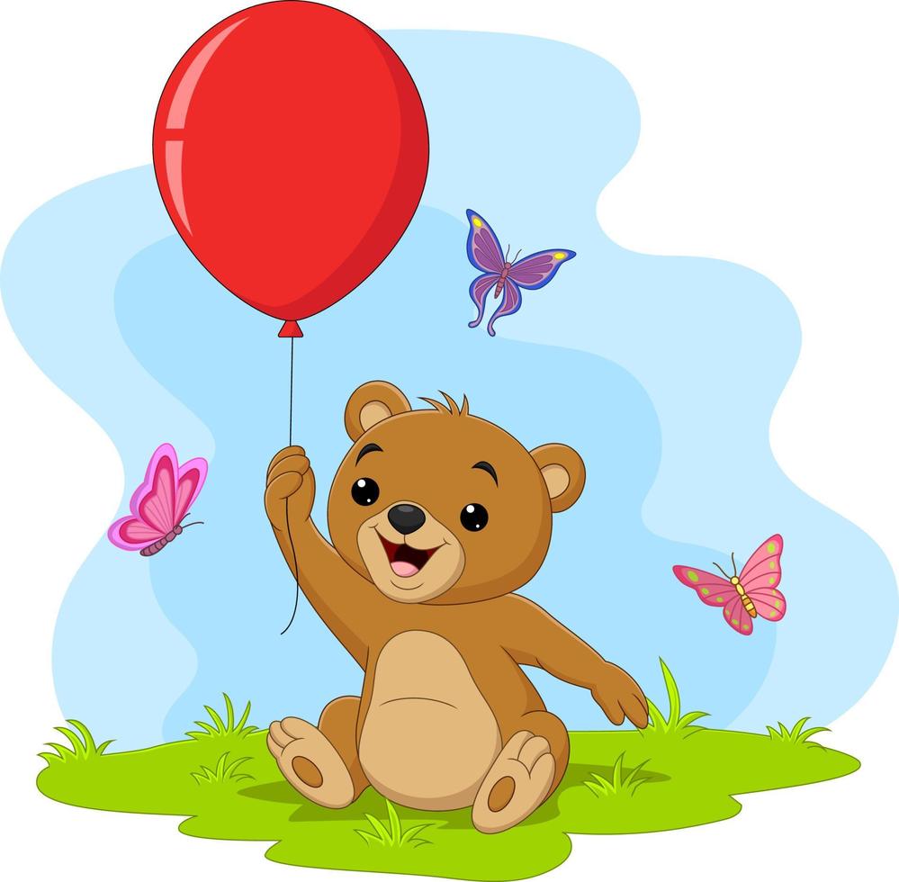 Cartoon little bear holding red balloon vector