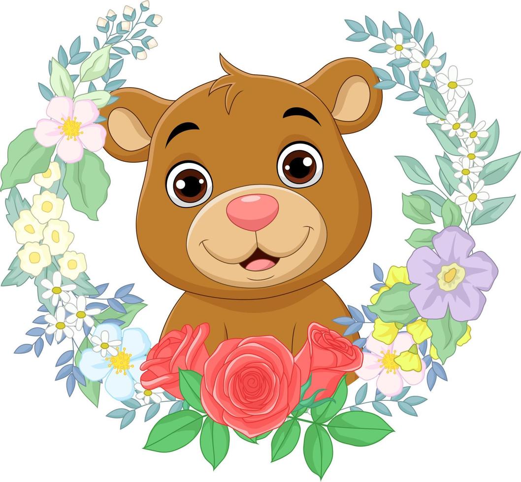 Cartoon baby bear with flowers background vector
