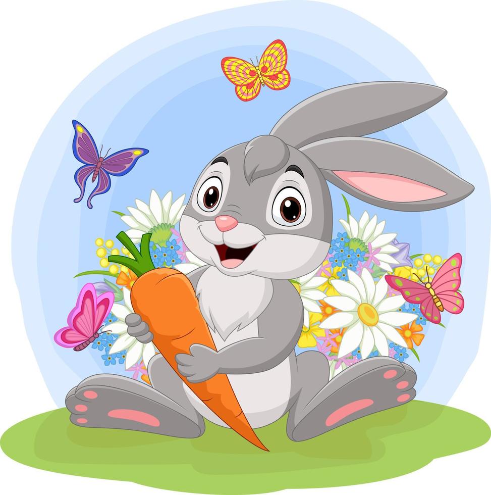 Cartoon rabbit holding a carrot in the grass vector