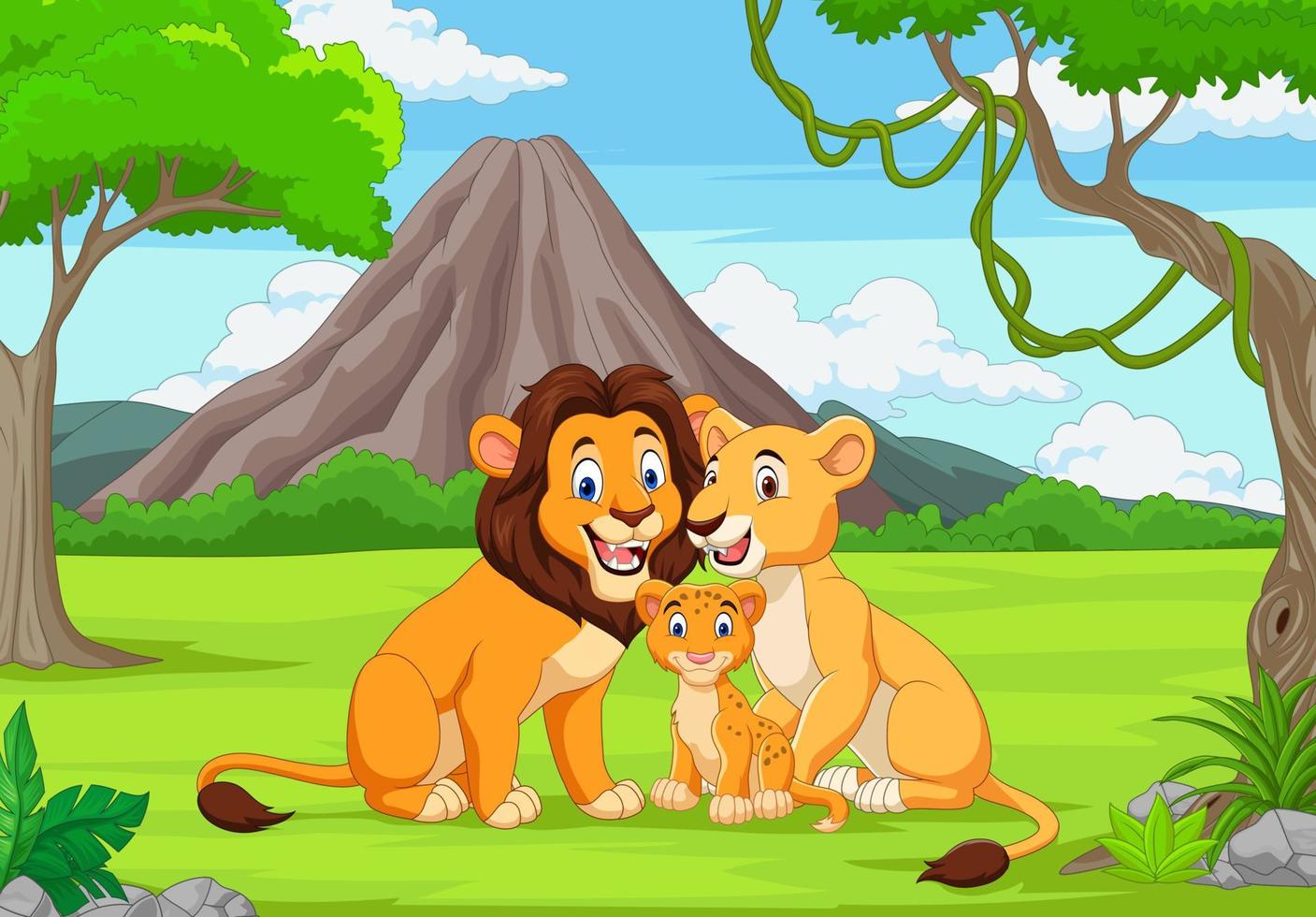 Cartoon family lion in the jungle vector