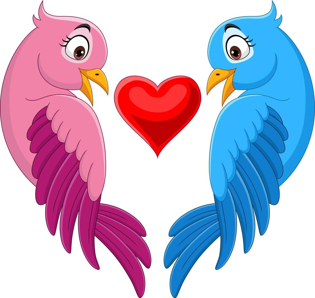 pareja de dibujos animados de pájaro en rosa y azul con forma de corazón vector