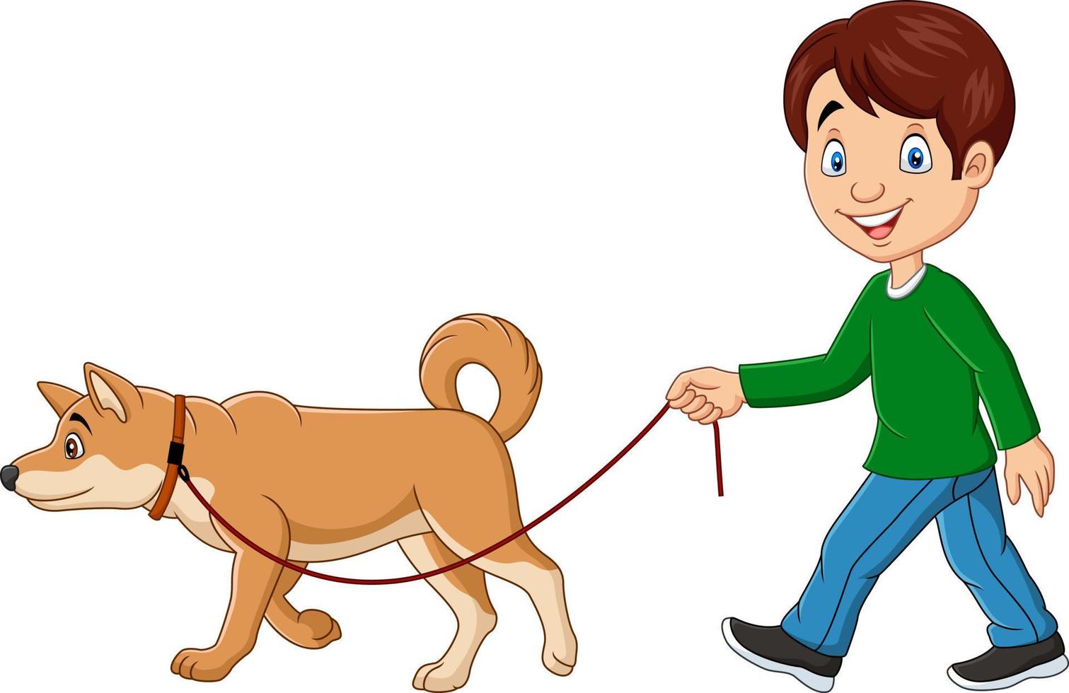 chico lindo caminando con perro vector