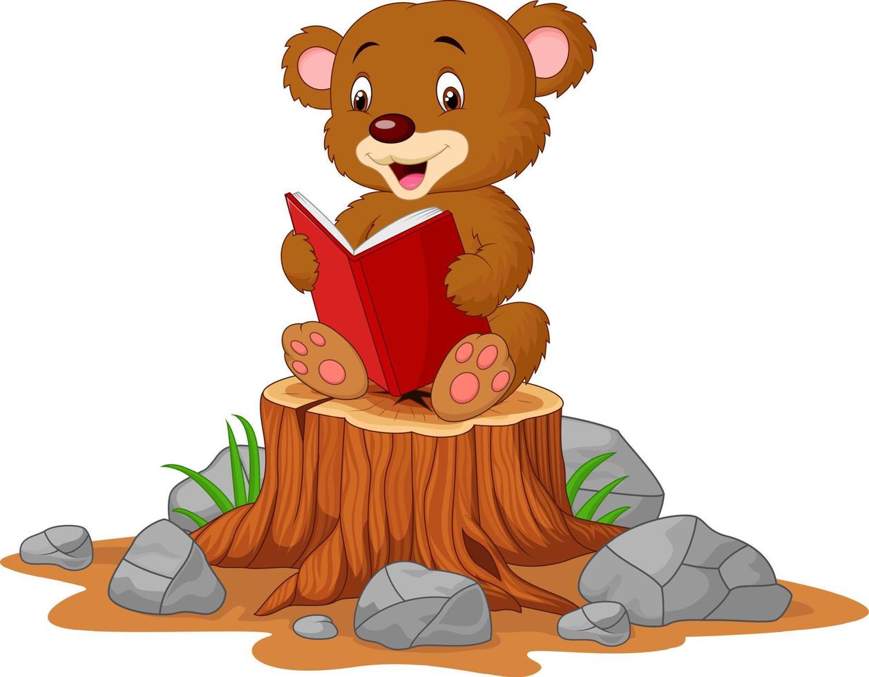 Lindo bebé oso leyendo libro sobre tocón de árbol vector