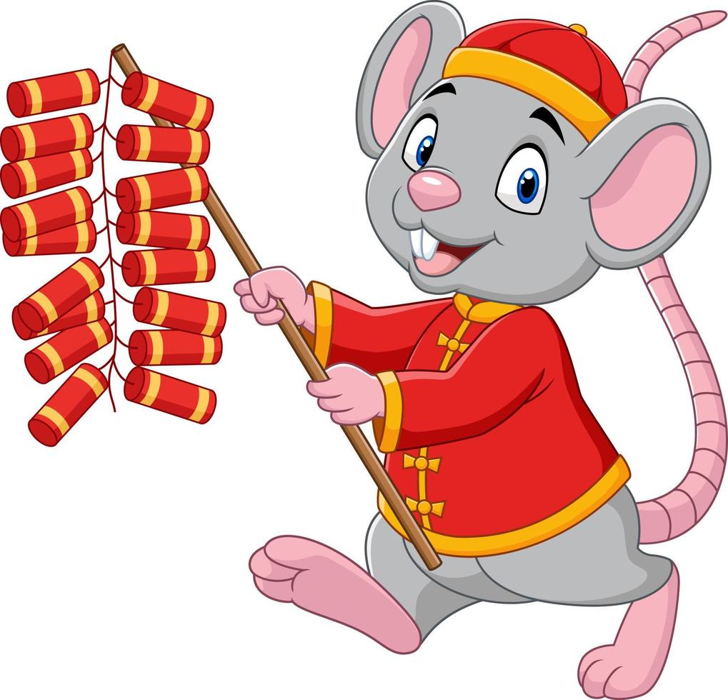Cartoon rat in chinese traditional costume holding firecracker. Chinese New Year. Year of the rat. vector