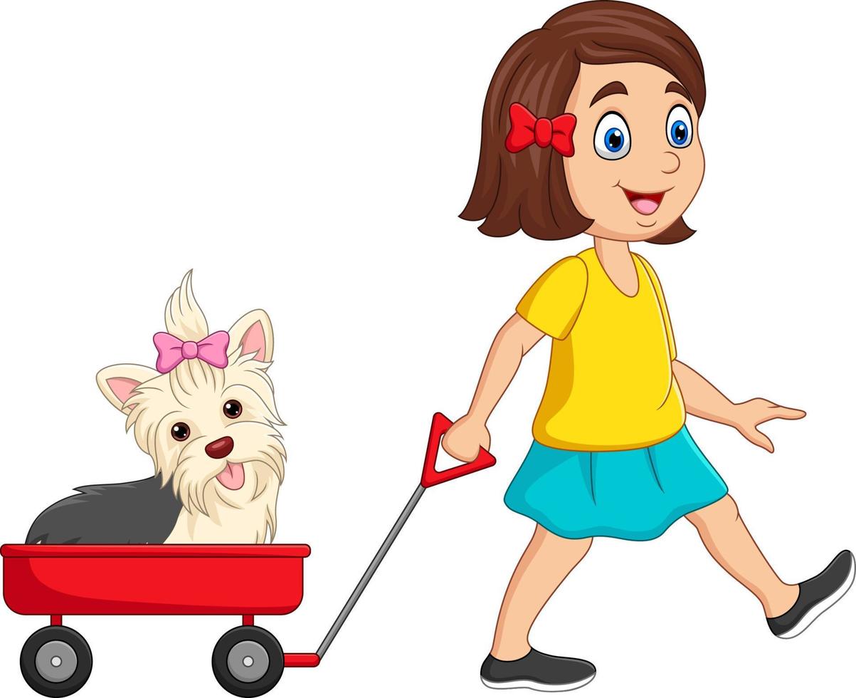 Cartoon little girl pulling wagon with puppy vector