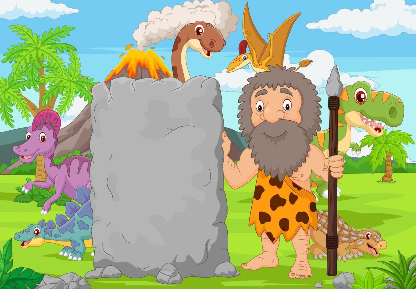 hombre de las cavernas de dibujos animados con cartel de piedra en el bosque vector