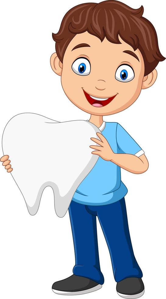 Cartoon little boy holding big tooth vector