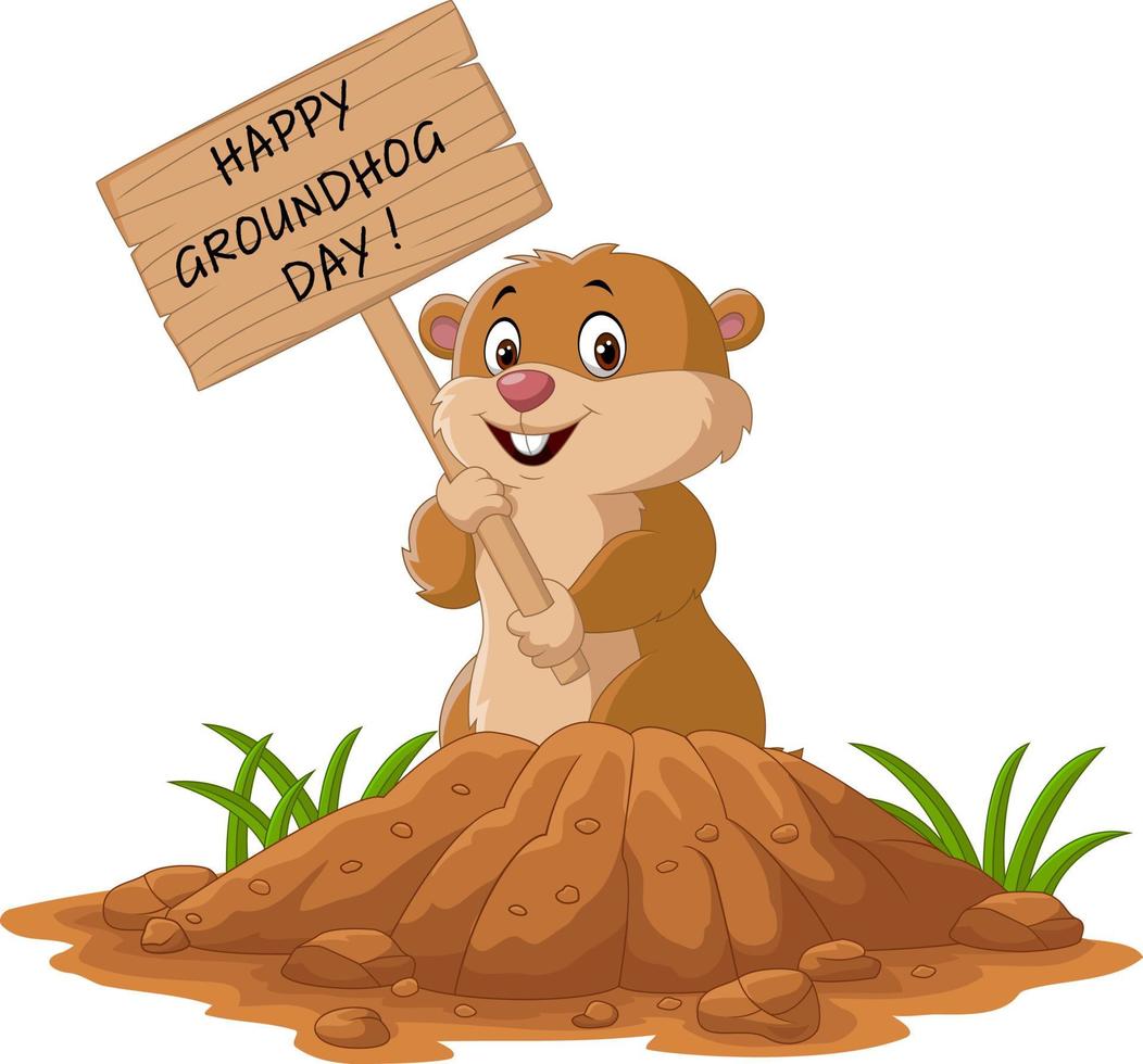 Happy groundhog day. Funny groundhog holding wooden sign vector