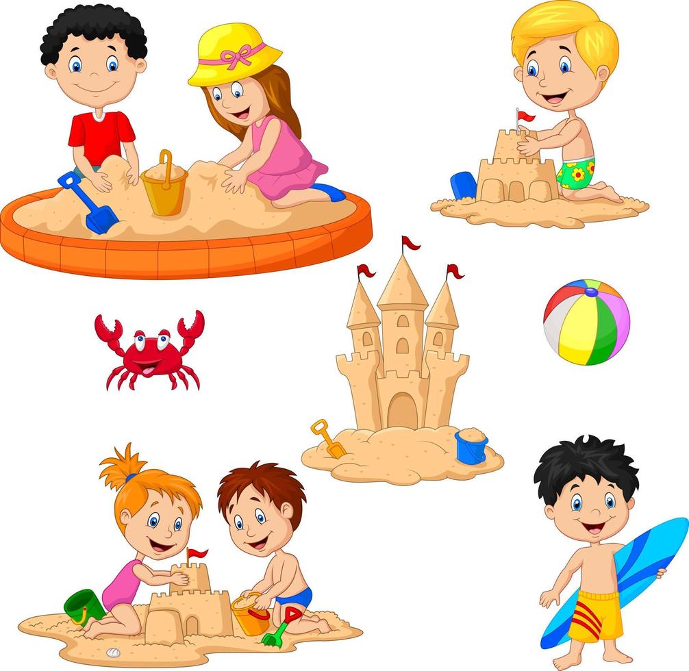 Children playing sand castle and surfboard vector