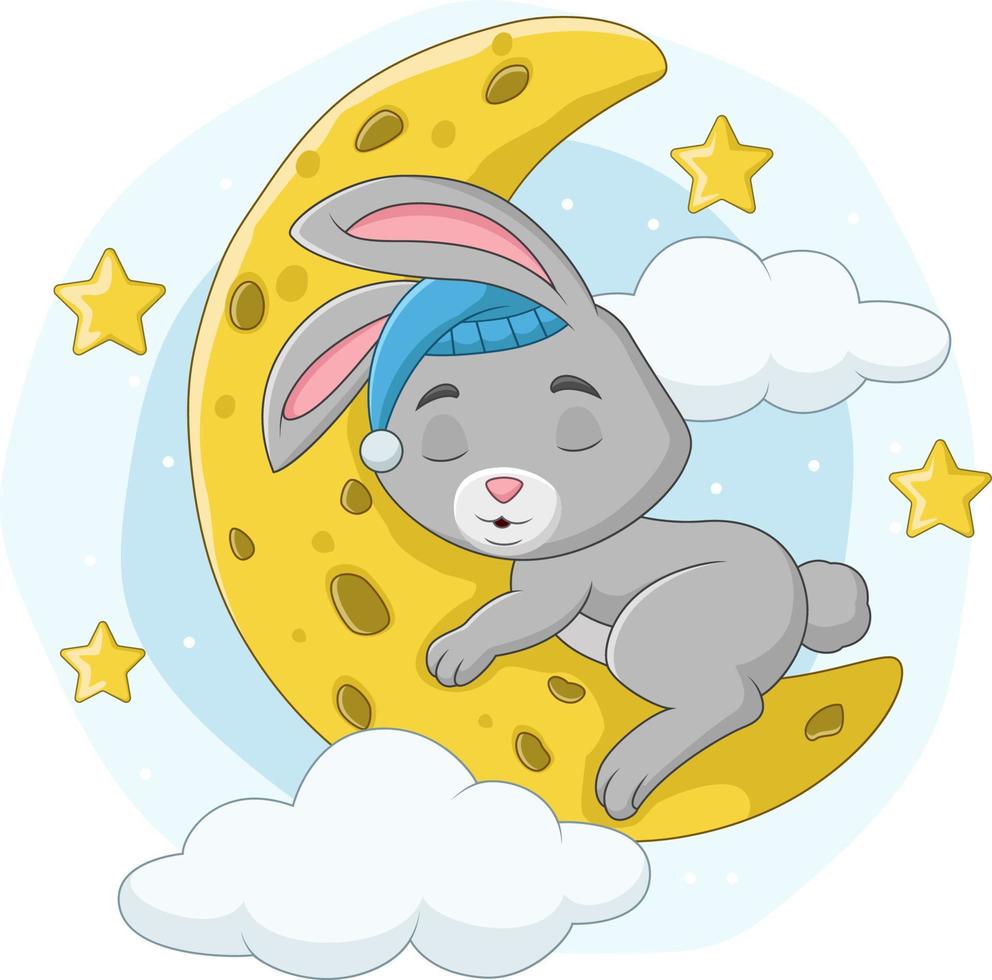 Cartoon baby rabbit sleeping on the moon vector