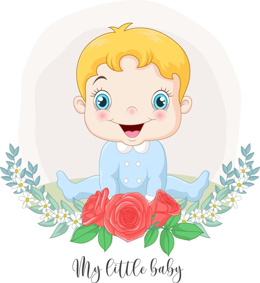 dibujos animados lindo bebé niño con fondo de flores vector