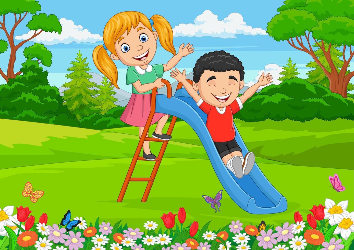 Cartoon little kids playing sliding down in the park vector