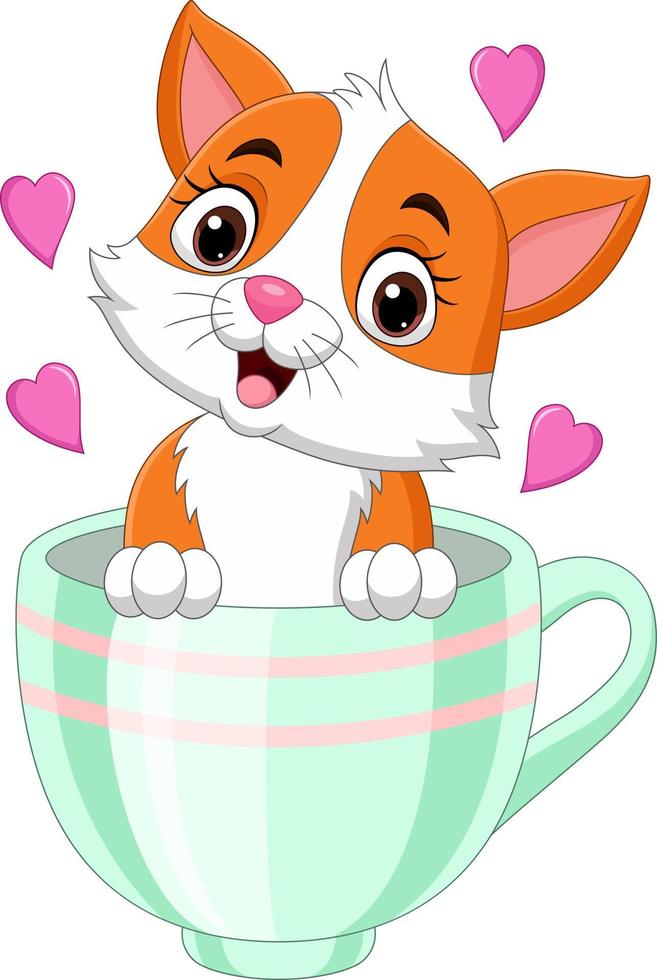 Cartoon cute kitten sitting in a cup with pink hearts vector