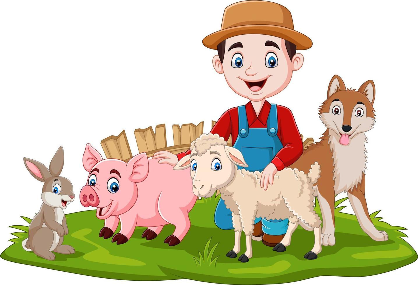 Farmer with farm animals in the grass vector