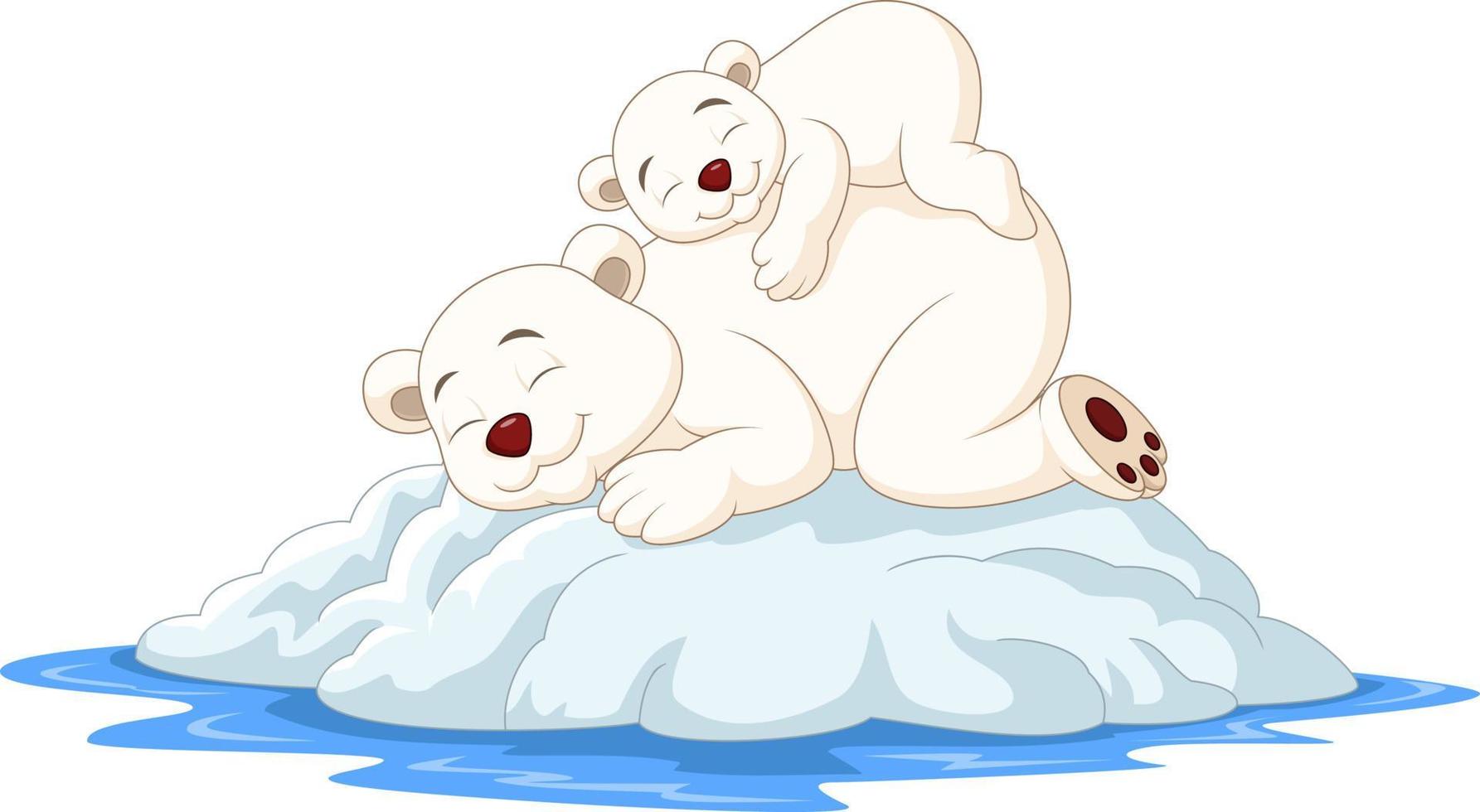 Cartoon mother and baby polar bear sleeping on ice floe vector