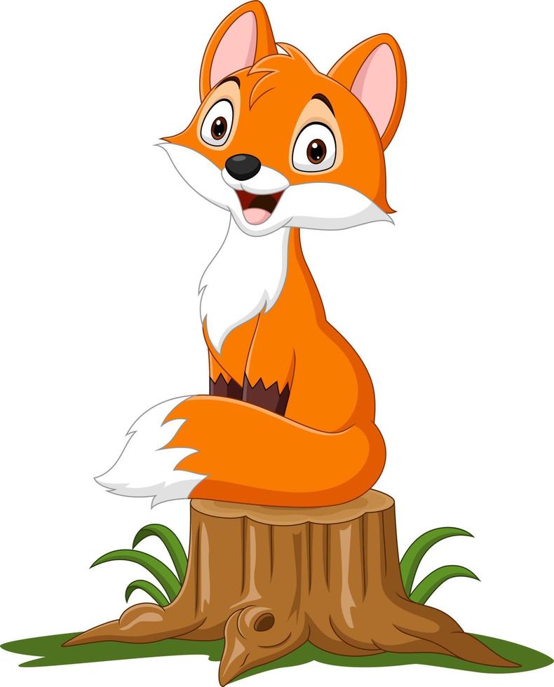 Cartoon happy fox sitting on tree stump vector