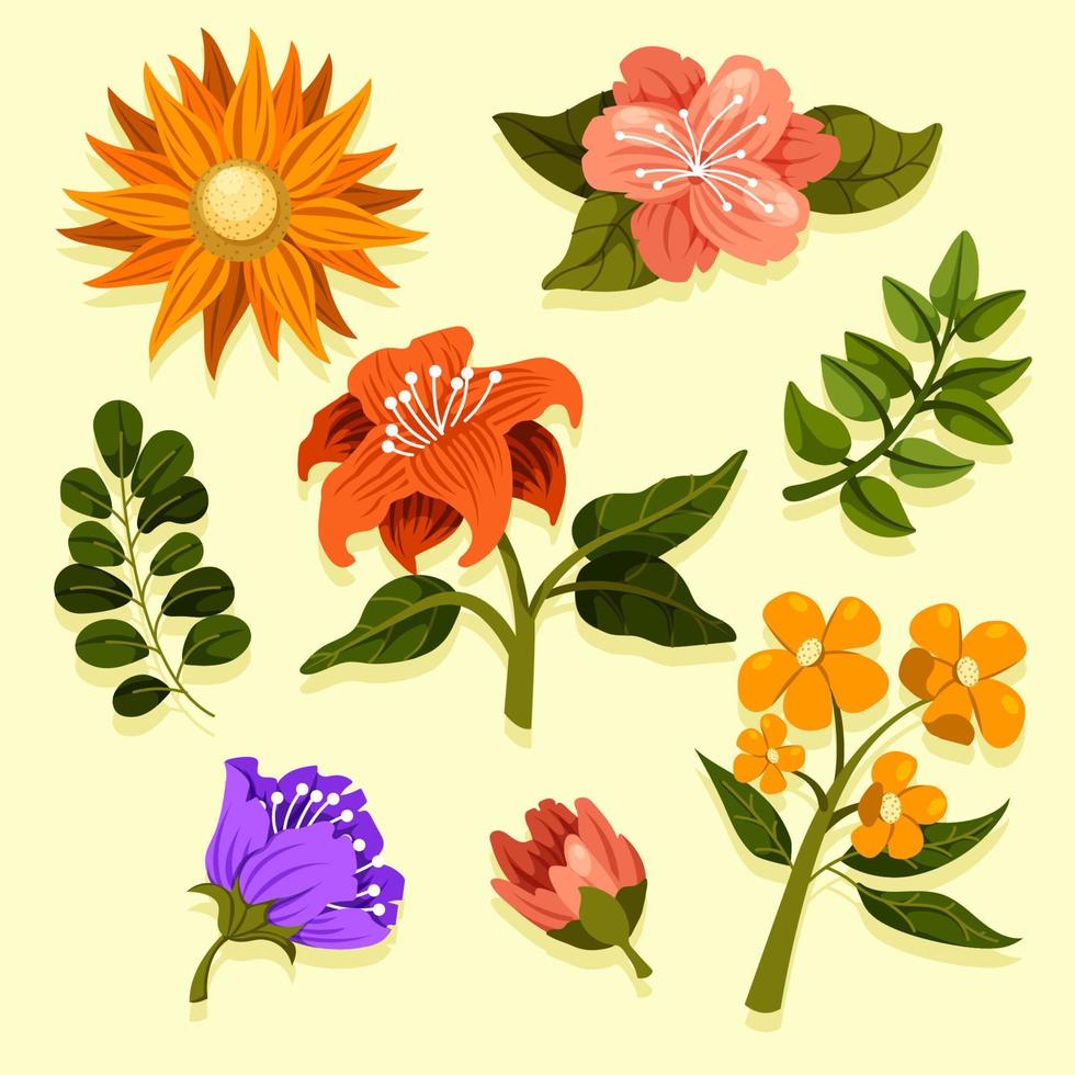 coloridas flores de primavera y elementos de hojas. vector