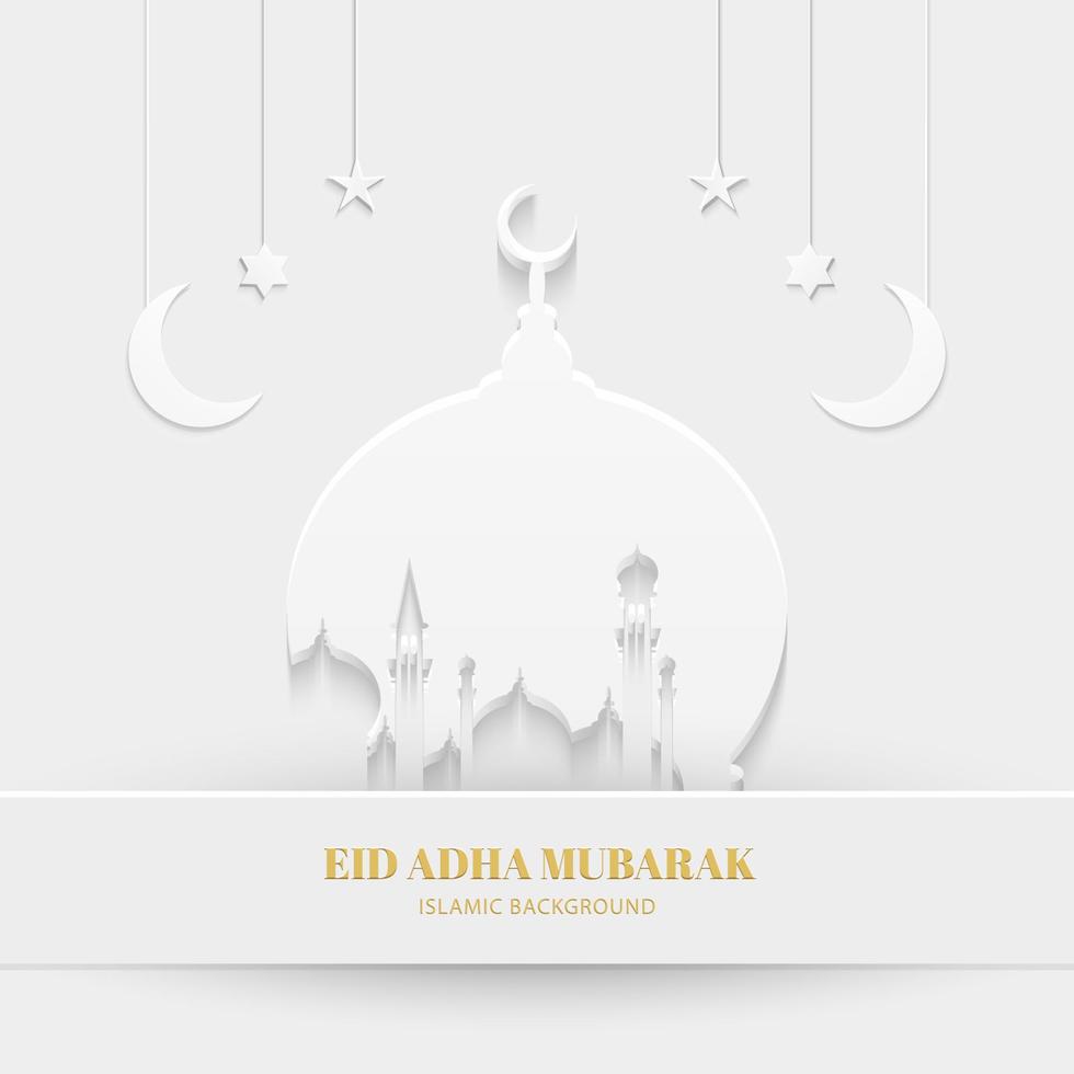 eid adha mubarak tarjeta de felicitación color blanco con fondo de mezquita diseño islámico vector