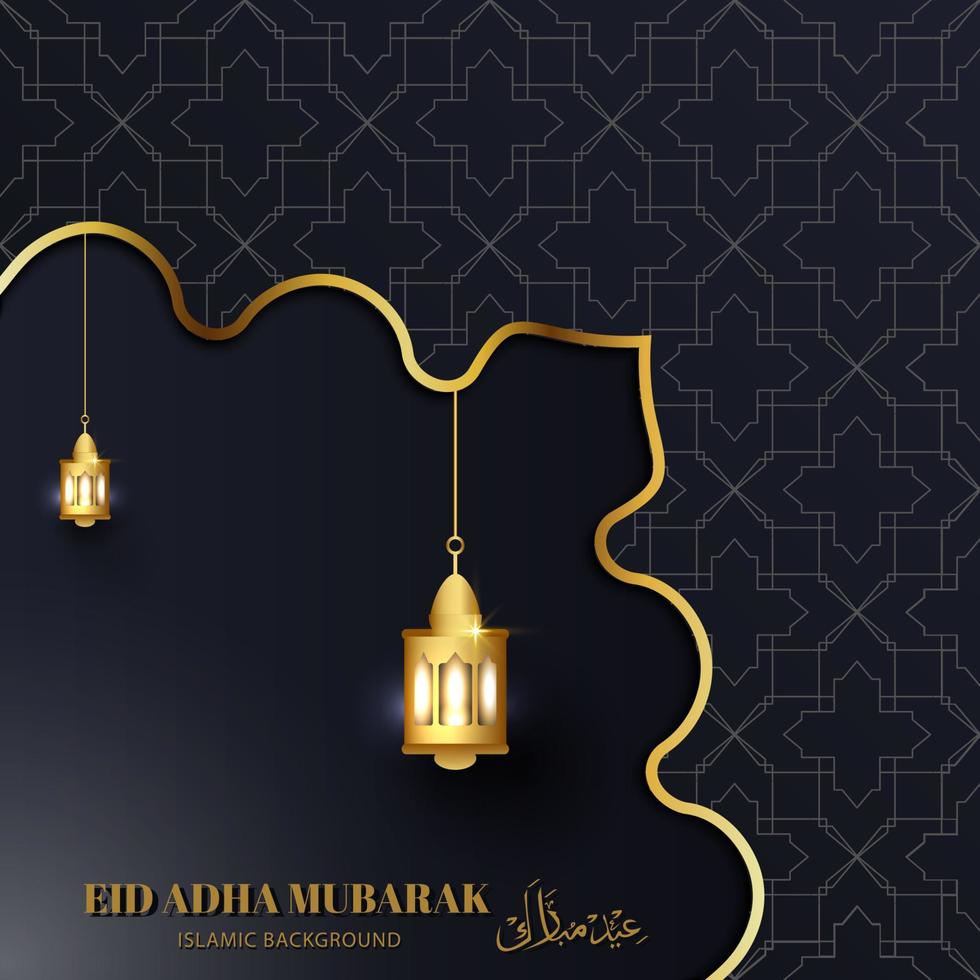 Eid adha mubarak greeting card black gold with islamic lantern vector